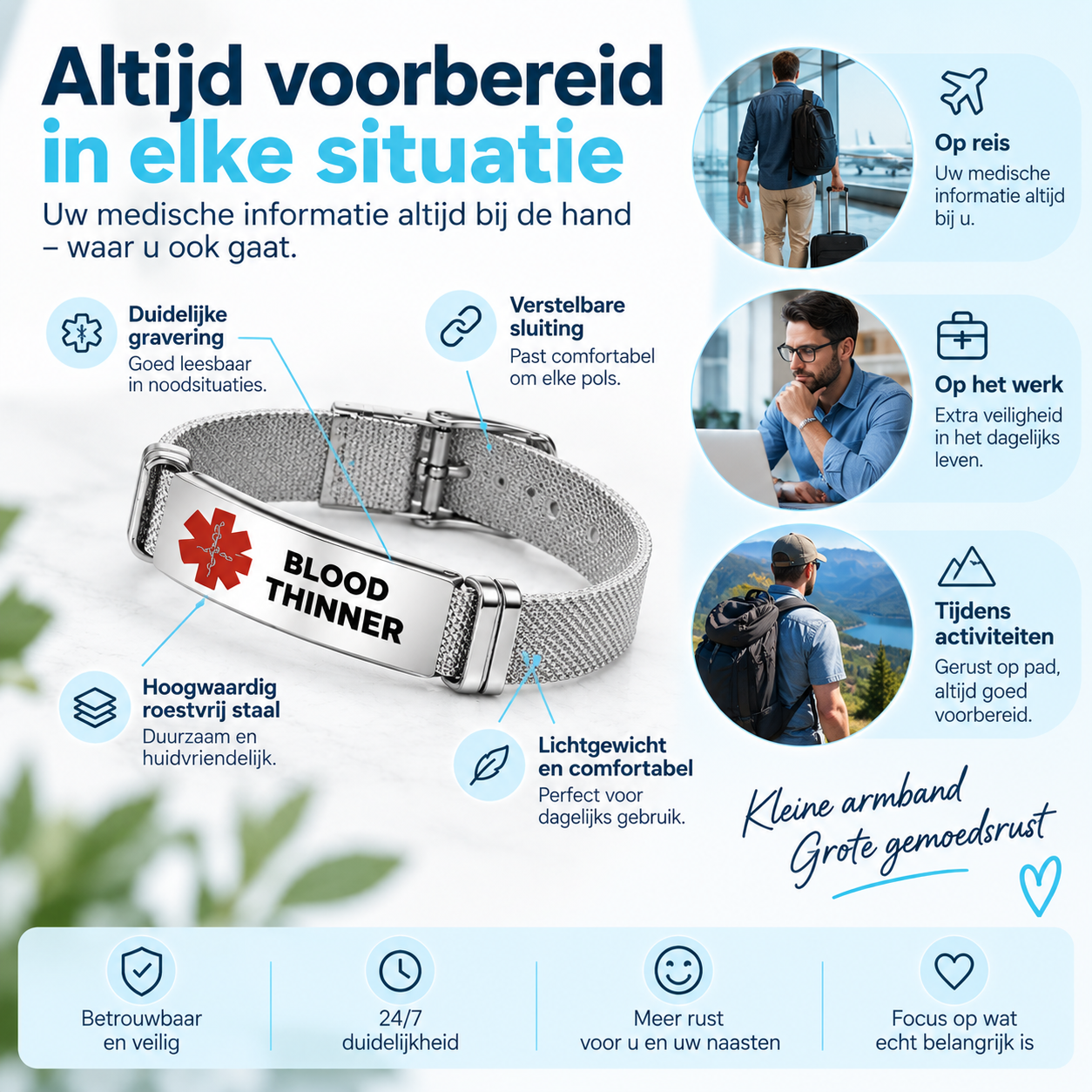 Fittershape Medical Alert ID Bracelet – roestvrij staal voor heren