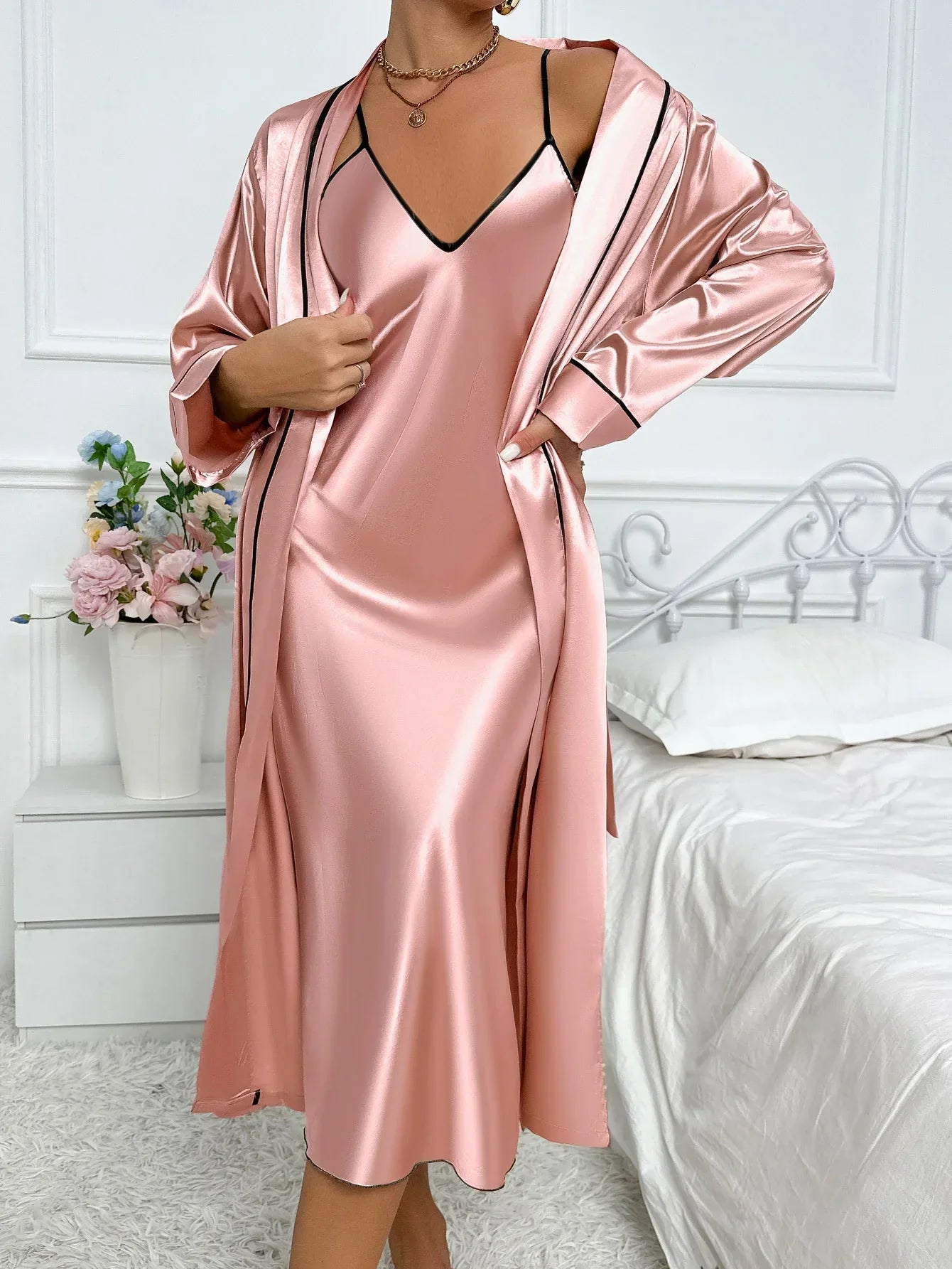 Dames 2-Delige Pyjama Set - Lange Mouwen Morgenjas met Slip Dress
