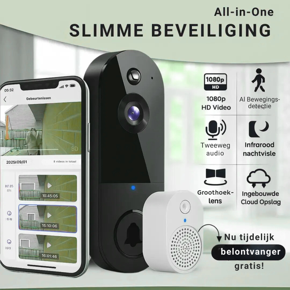 Slimme Deurbel – 1080p HD Beveiliging – Met Bewegingsdetectie en Tweeweg Audio