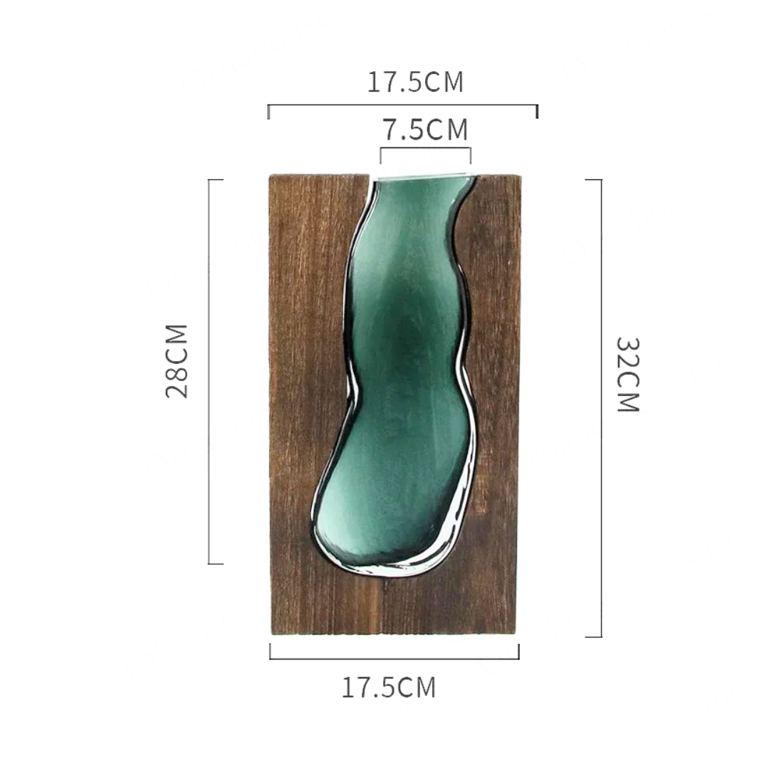 Houten vaas – handgesneden inlay – glazen binnenvaas – voor droogbloemen & takken