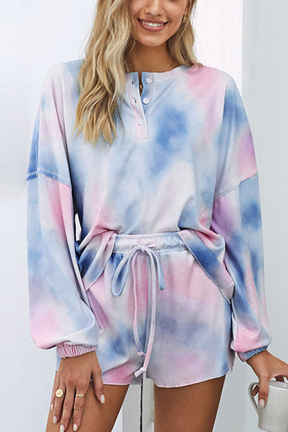 Dames 2-delige Pyjama Set met Tie-Dye Long Sleeve Top en Shorts
