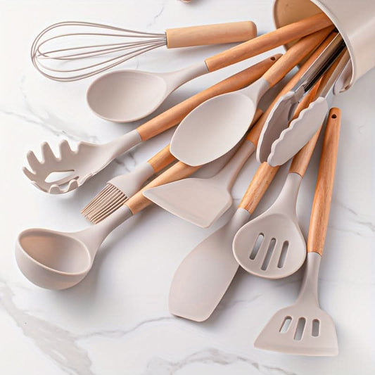 Keukengerei Set – Houten Handvatten – Siliconen Keukengerei – Voor Koken en Bakken