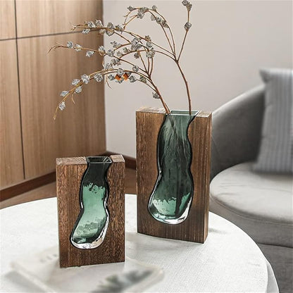 Houten vaas – handgesneden inlay – glazen binnenvaas – voor droogbloemen & takken
