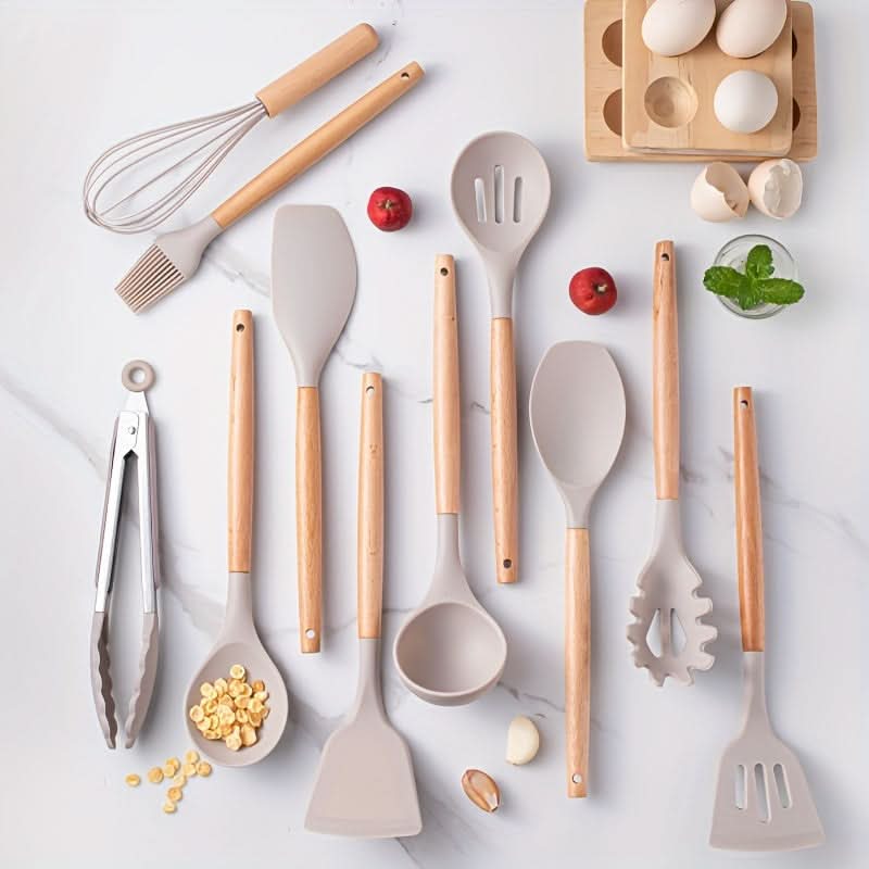 Keukengerei Set – Houten Handvatten – Siliconen Keukengerei – Voor Koken en Bakken
