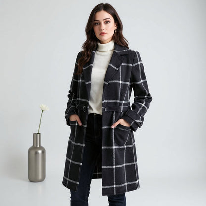Wollen Mantel – Check Patroon – Met Knopen – Voor Dames