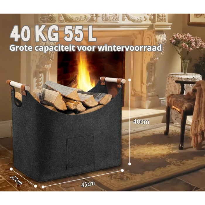 Haardhoutmand – Handgrepen van leer – Stevig vilt – Voor houtopslag