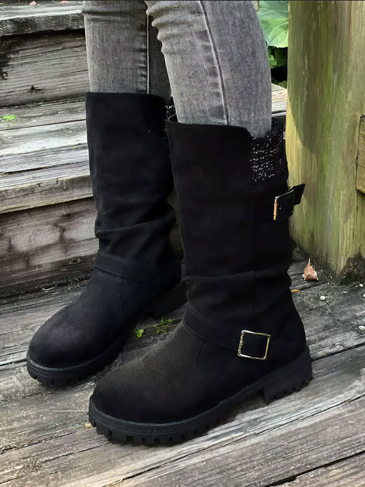 Dameslaarzen – Zwart Suède – Met Gesp – Winter Stijl