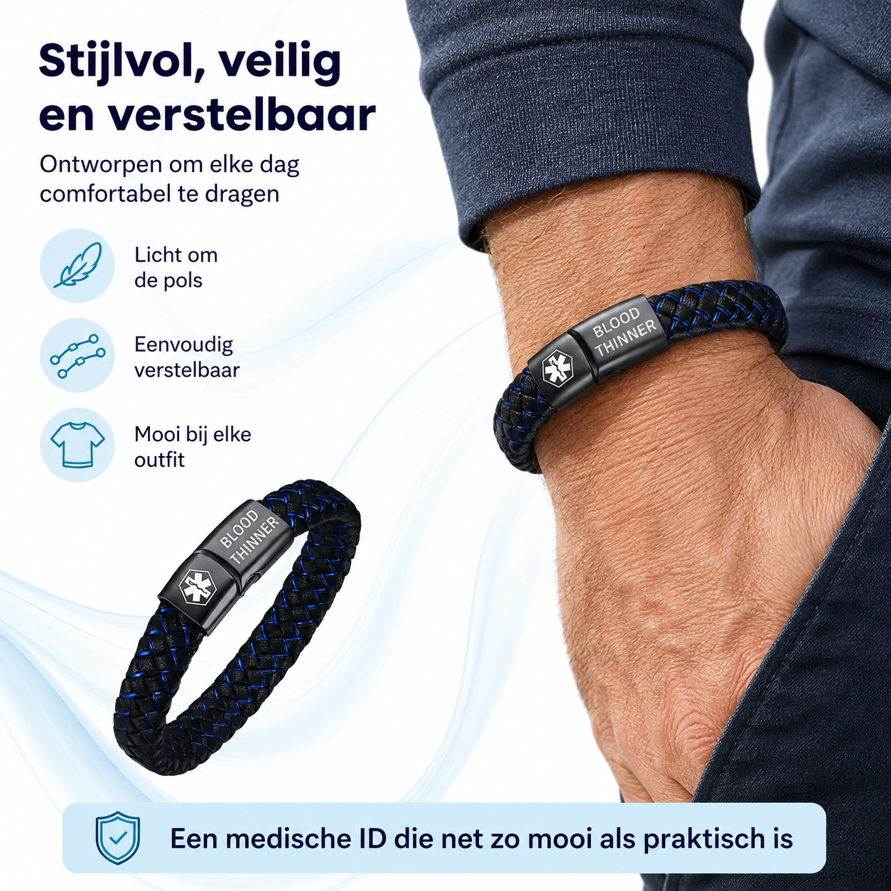 Fittershape Medical Alert Bracelet – herenmodel met lederen band