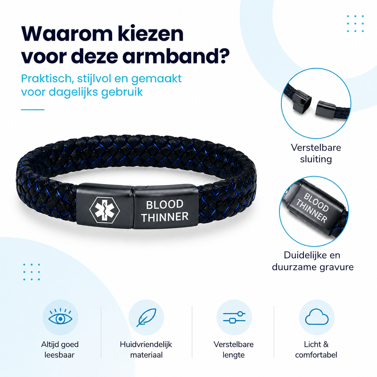 Fittershape Medical Alert Bracelet – herenmodel met lederen band