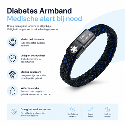 Fittershape Diabetes Bracelet – medische alertheid met lederen band