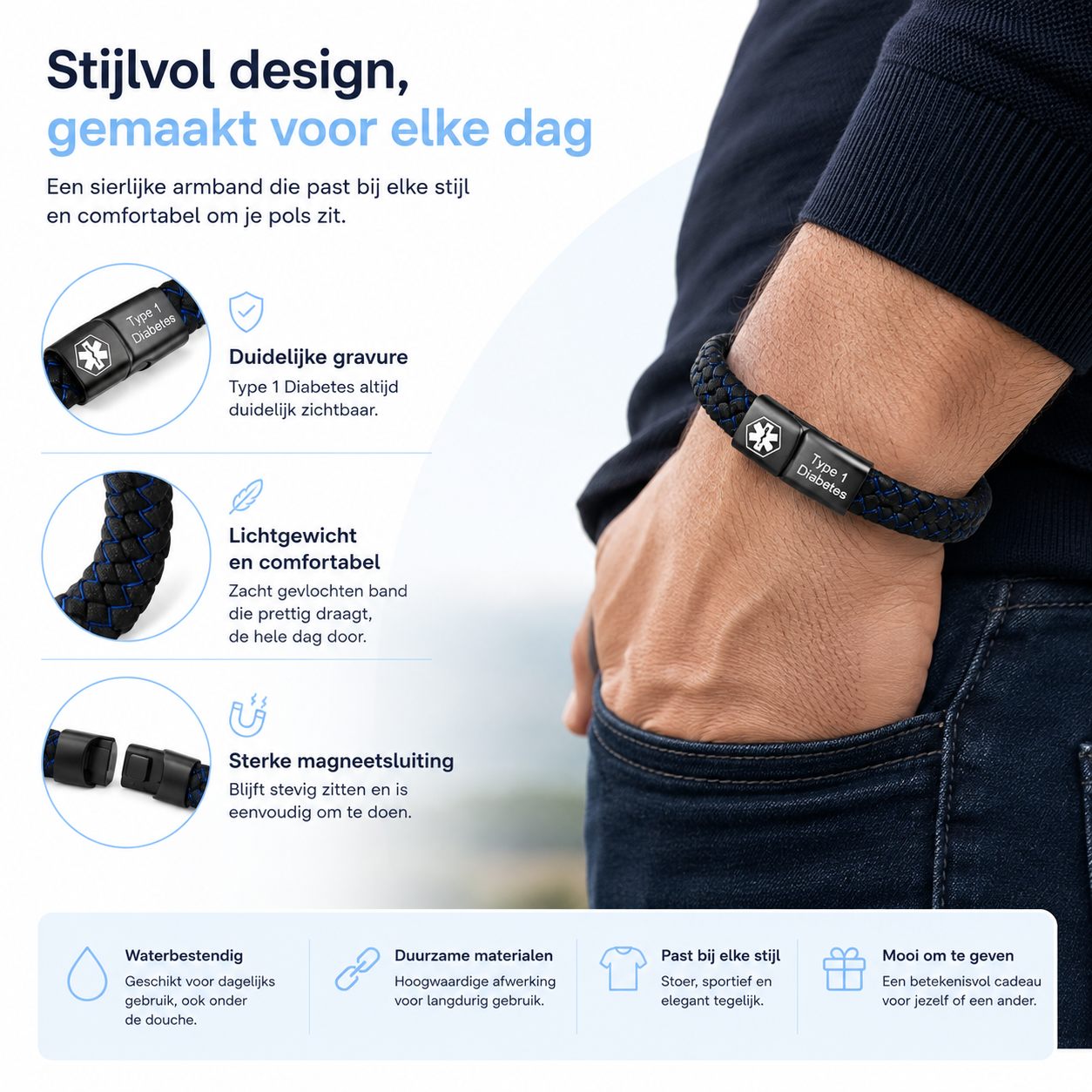 Fittershape Diabetes Bracelet – medische alertheid met lederen band