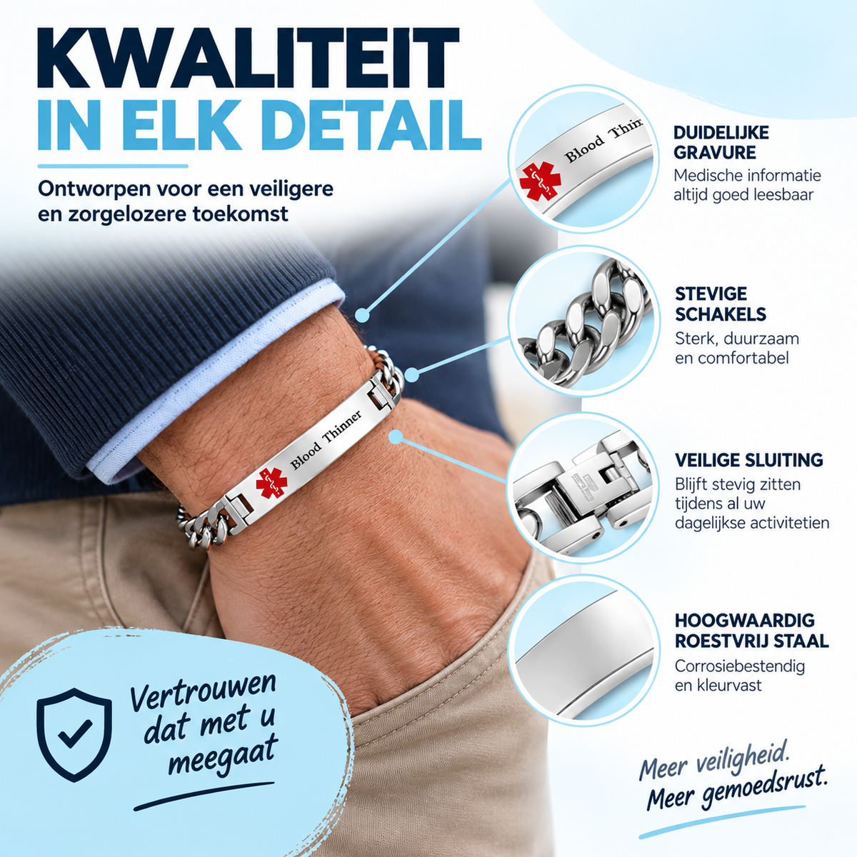 Fittershape Heren Medical Alert Armband – roestvrij staal