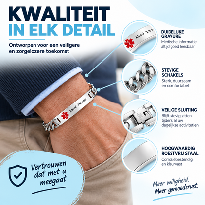 Fittershape Heren Medical Alert Armband – roestvrij staal