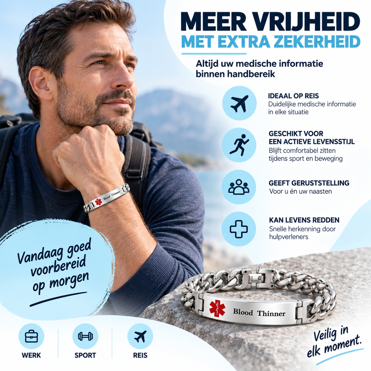 Fittershape Heren Medical Alert Armband – roestvrij staal