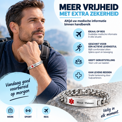 Fittershape Heren Medical Alert Armband – roestvrij staal