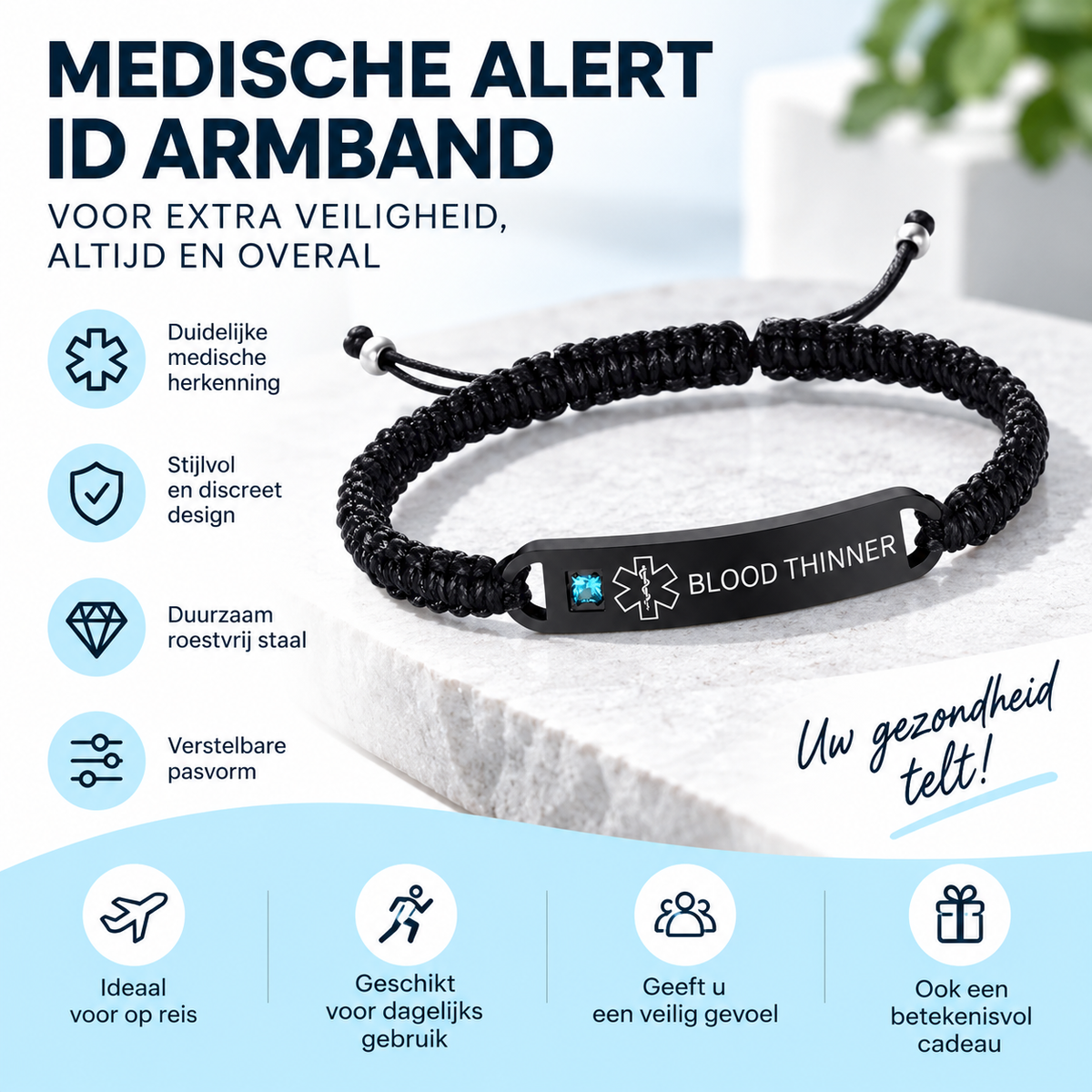 Fittershape Blood Thinner Medical Alert ID Bracelet – voor heren & dames