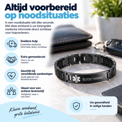 Fittershape Blood Thinner Medical Alert ID Bracelet – waterbestendig voor heren