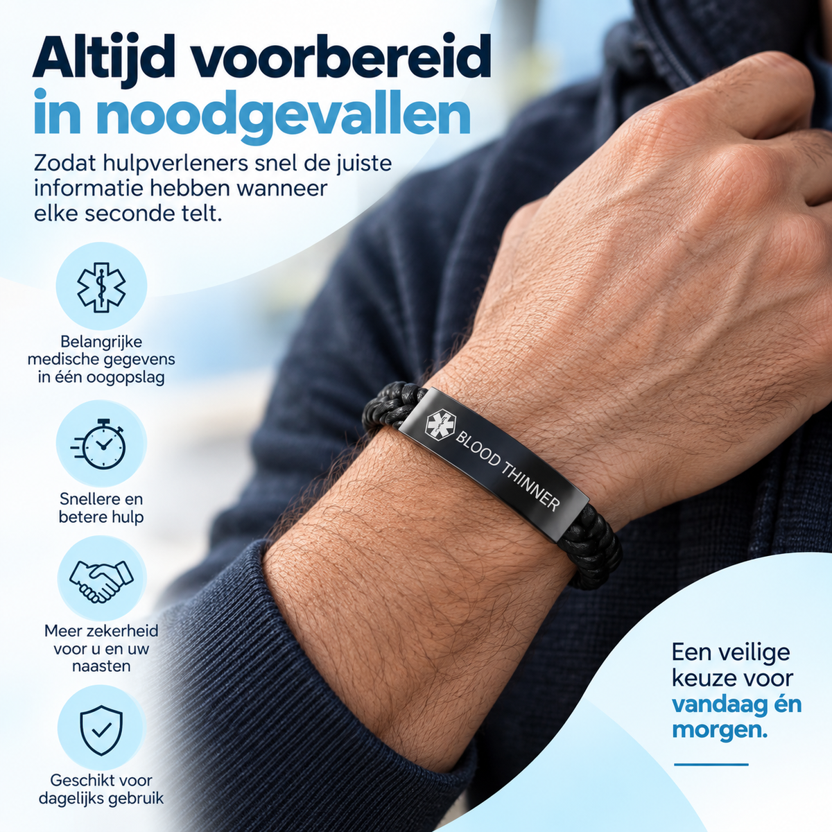 Fittershape Blood Thinner Medical Alert Bracelet – met graveur voor bloedverdunners