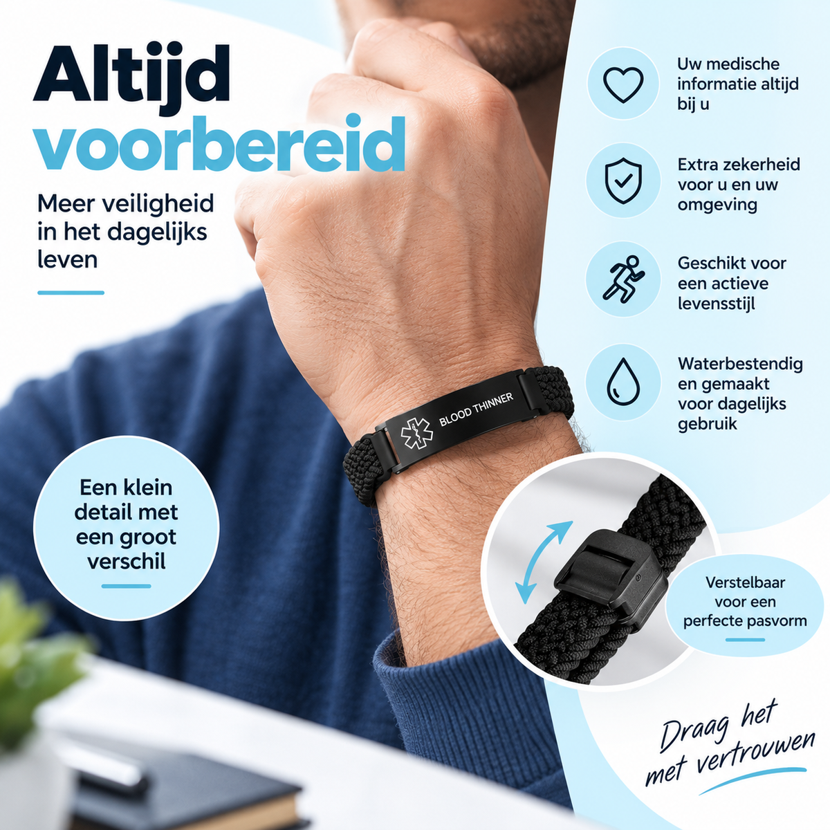 Fittershape Blood Thinner Medical Alert Bracelet – verstelbaar & waterbestendig