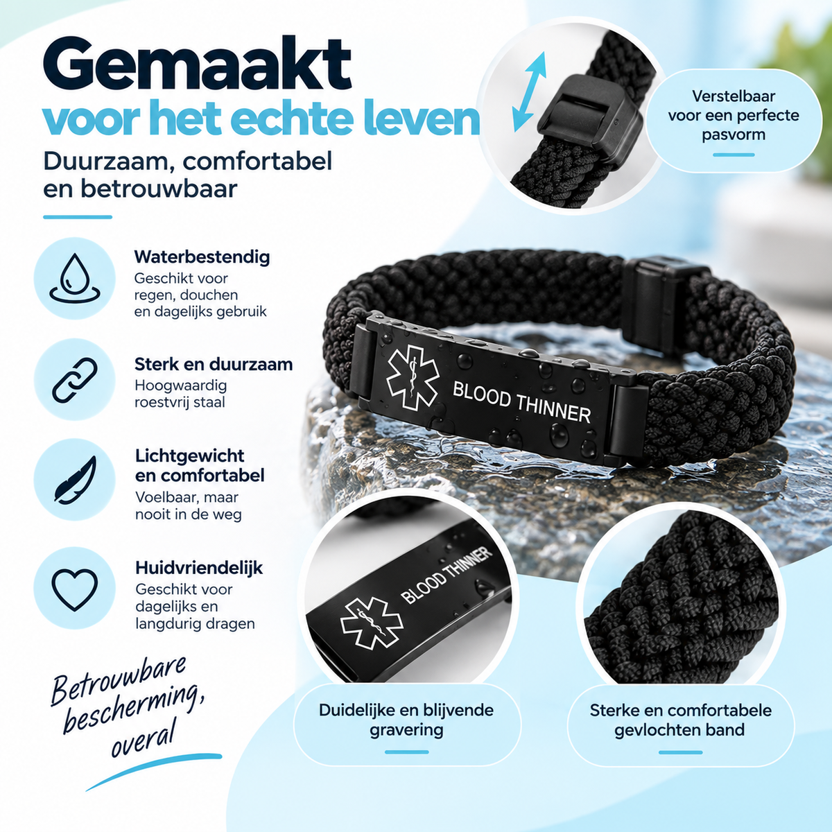 Fittershape Blood Thinner Medical Alert Bracelet – verstelbaar & waterbestendig