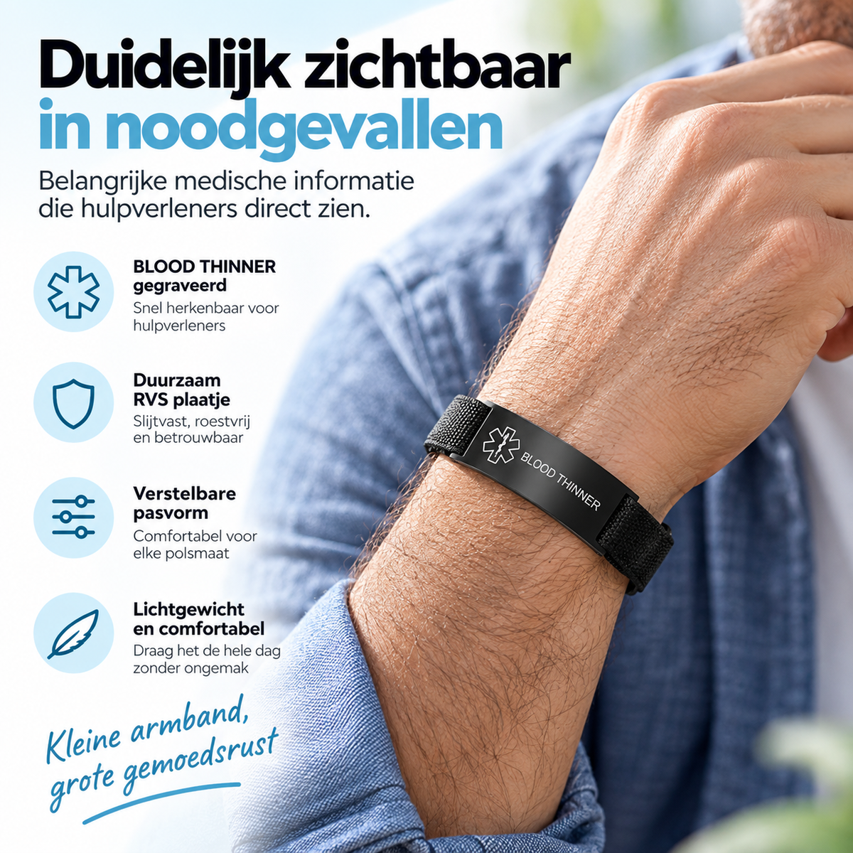 Fittershape Blood Thinner Medical Alert Bracelet – zwart voor heren