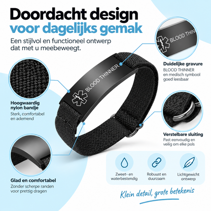 Fittershape Blood Thinner Medical Alert Bracelet – zwart voor heren