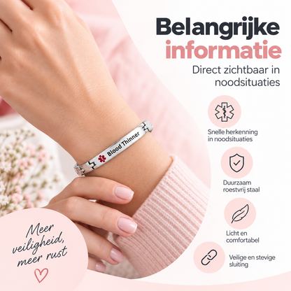 Fittershape Medical Alert ID Bracelet – chirurgisch staal voor dames (bloedverdunner)