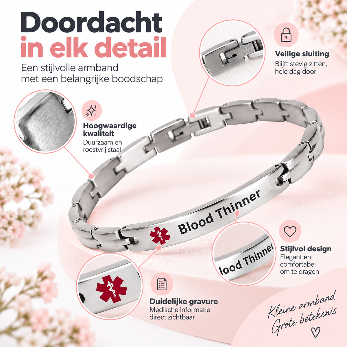 Fittershape Medical Alert ID Bracelet – chirurgisch staal voor dames (bloedverdunner)