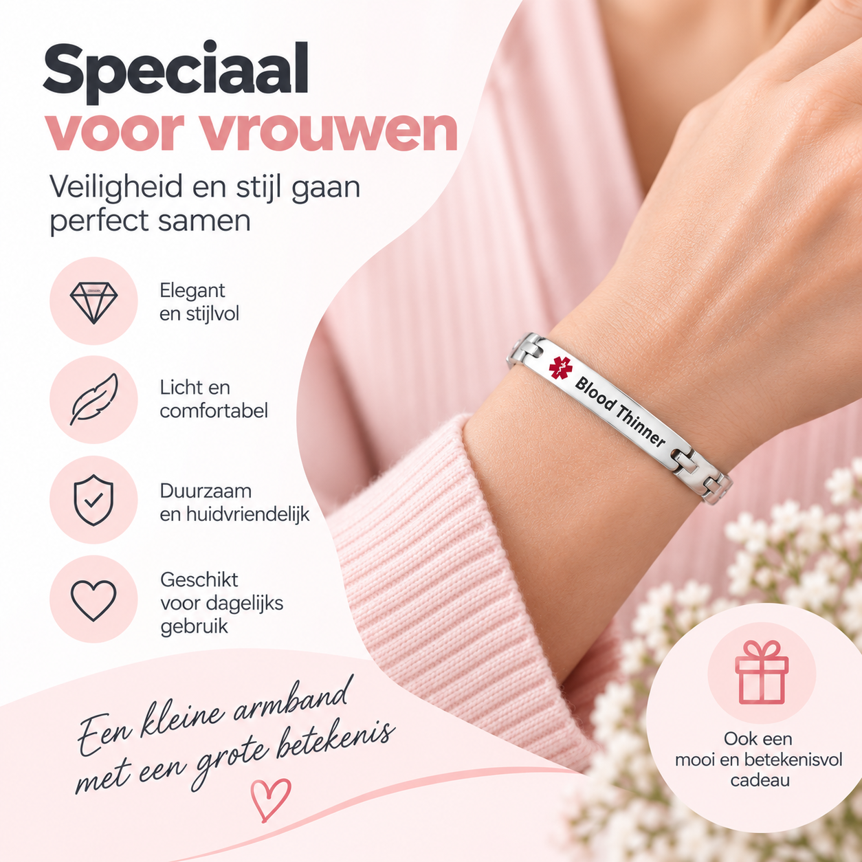 Fittershape Medical Alert ID Bracelet – chirurgisch staal voor dames (bloedverdunner)