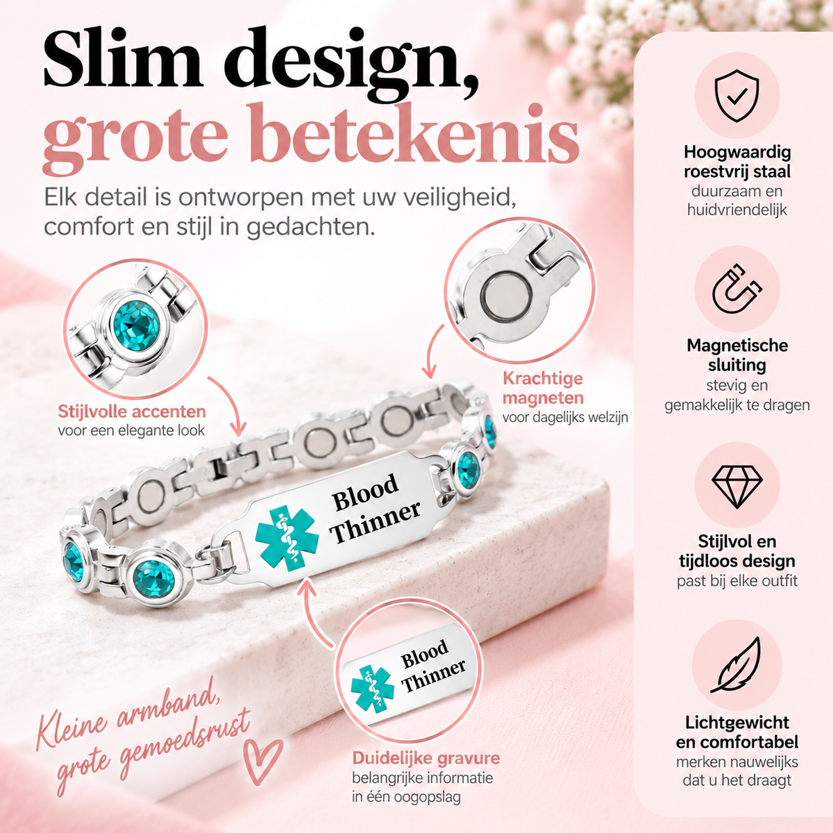 Fittershape Magnetic Medical Alert ID Bracelet – roestvrij staal met magneetsluiting