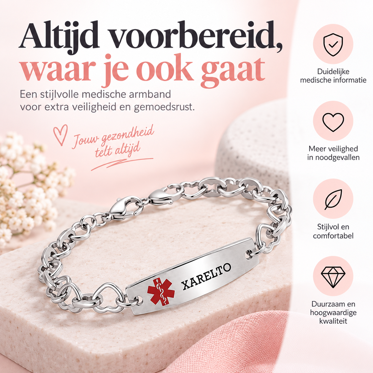 Fittershape Xarelto Medical Alert ID Bracelet – roestvrij staal voor dames