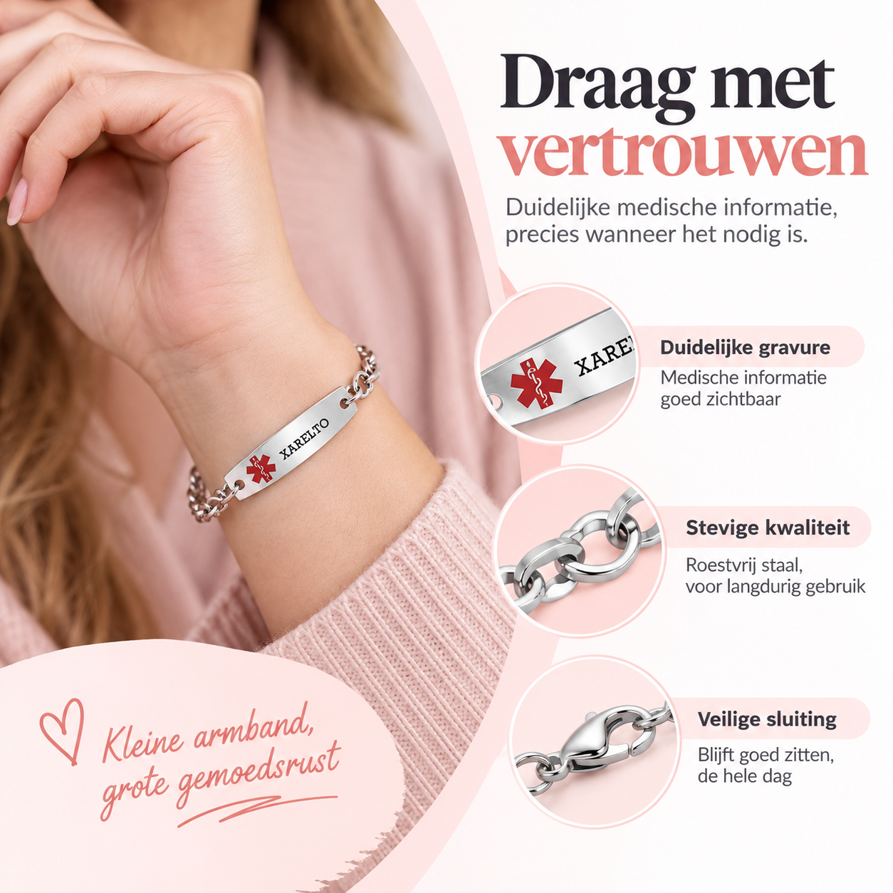 Fittershape Xarelto Medical Alert ID Bracelet – roestvrij staal voor dames