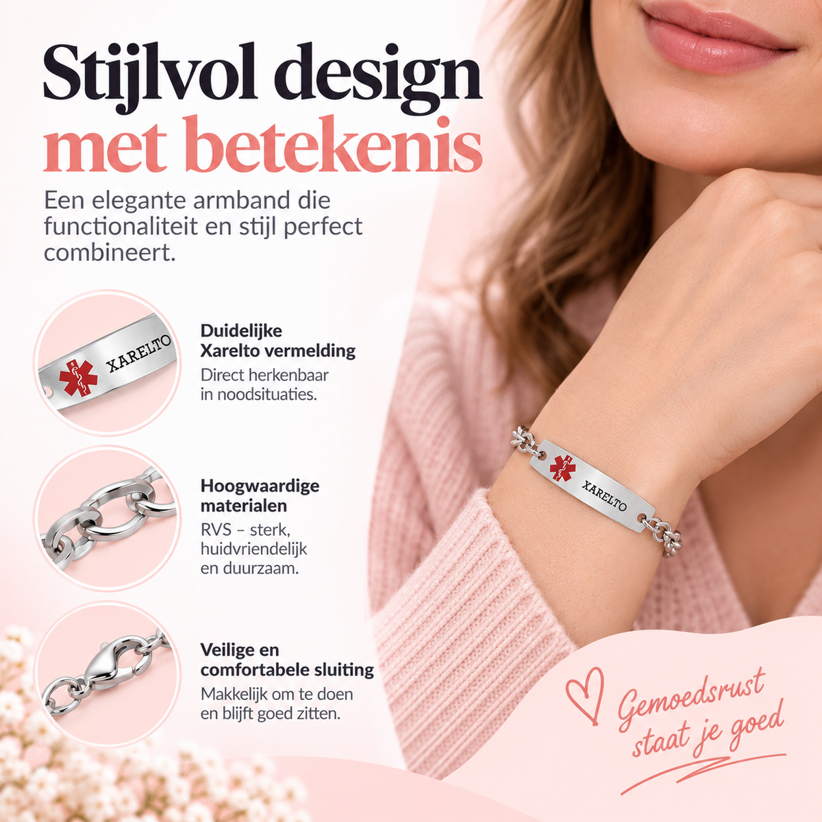 Fittershape Xarelto Medical Alert ID Bracelet – roestvrij staal voor dames