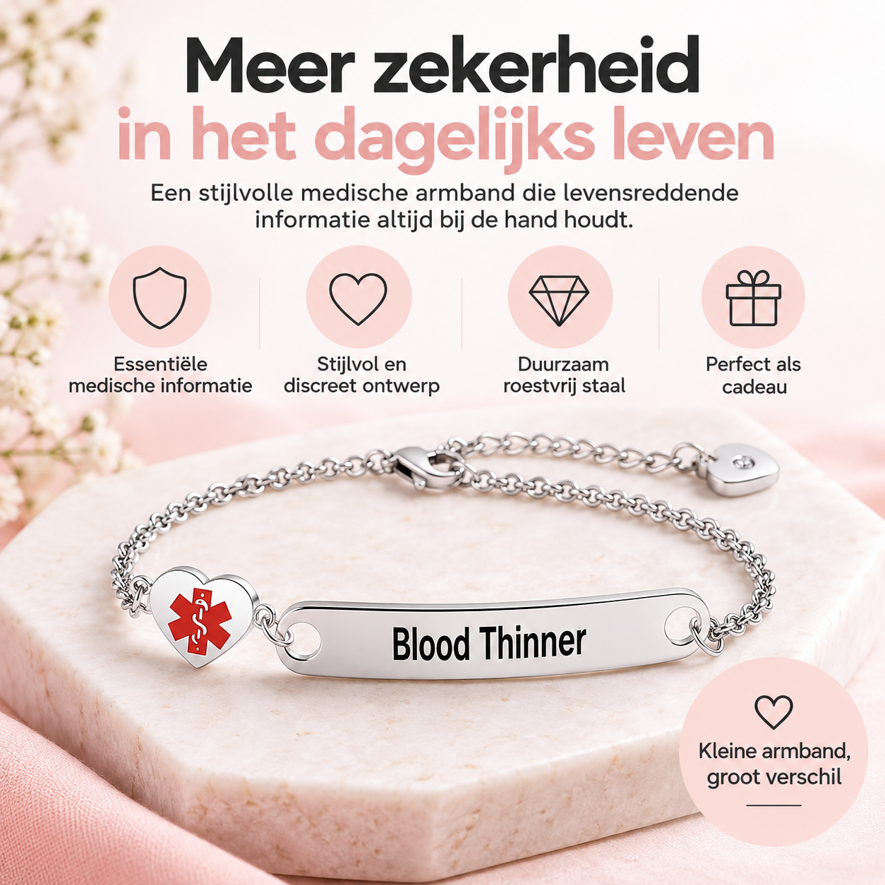 Fittershape Heart Medical Alert ID Bracelet – roestvrij staal voor dames