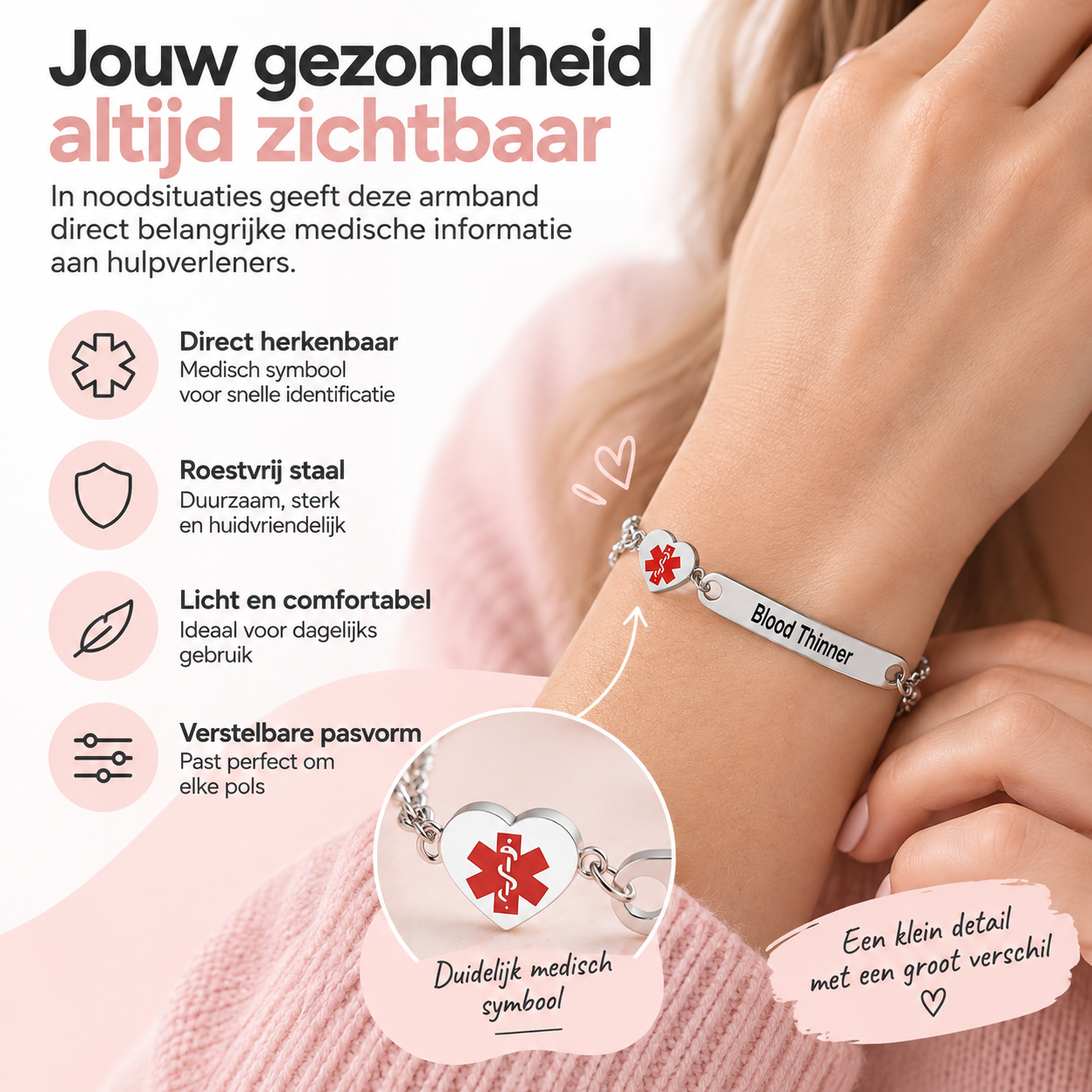 Fittershape Heart Medical Alert ID Bracelet – roestvrij staal voor dames