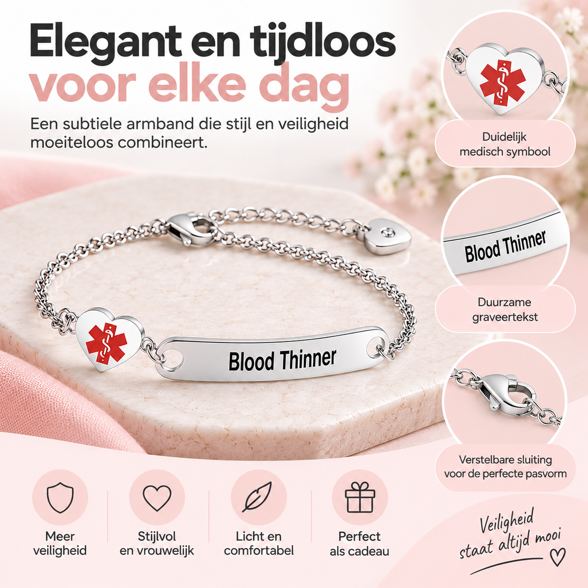 Fittershape Heart Medical Alert ID Bracelet – roestvrij staal voor dames