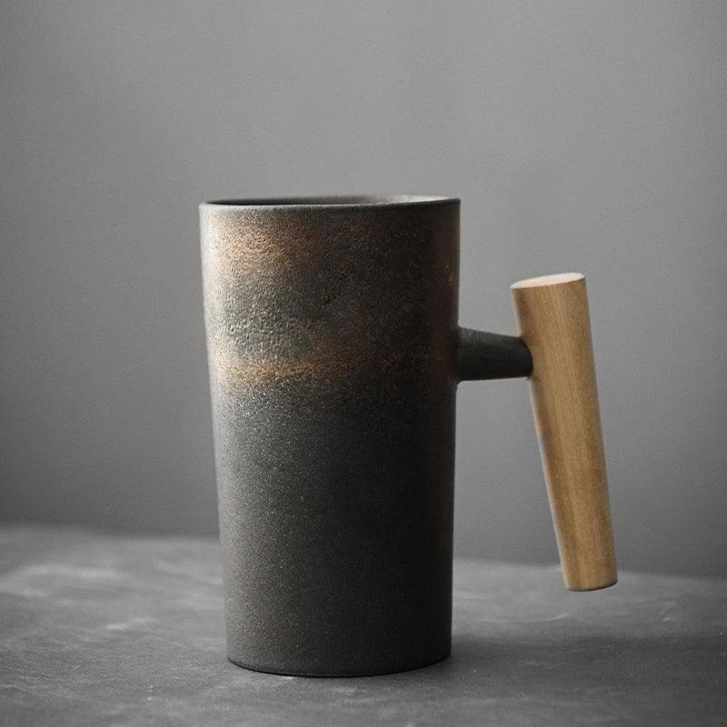 Keramische Mok met Houten Handvat – Handgemaakt – Uniek Design – Voor Koffie of Thee
