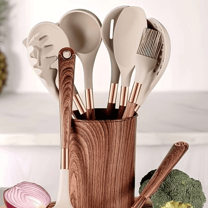 Keukengerei Set – Siliconen – Ergonomisch Hout – Voor Koken & Bakken