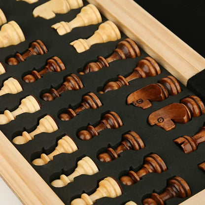 Houten Schaakset – Inklapbaar – Met Opbergdoos – Voor Schaken en Spelletjes