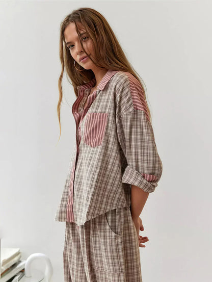 Dames 2-Delige Pyjama Set - Lange Mouwen Knopen Shirt met Broek