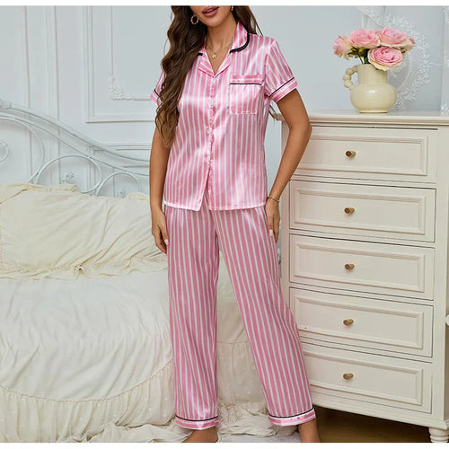 Dames Roze 2-Delige Pyjama Set - Gestreept Shirt met Broek