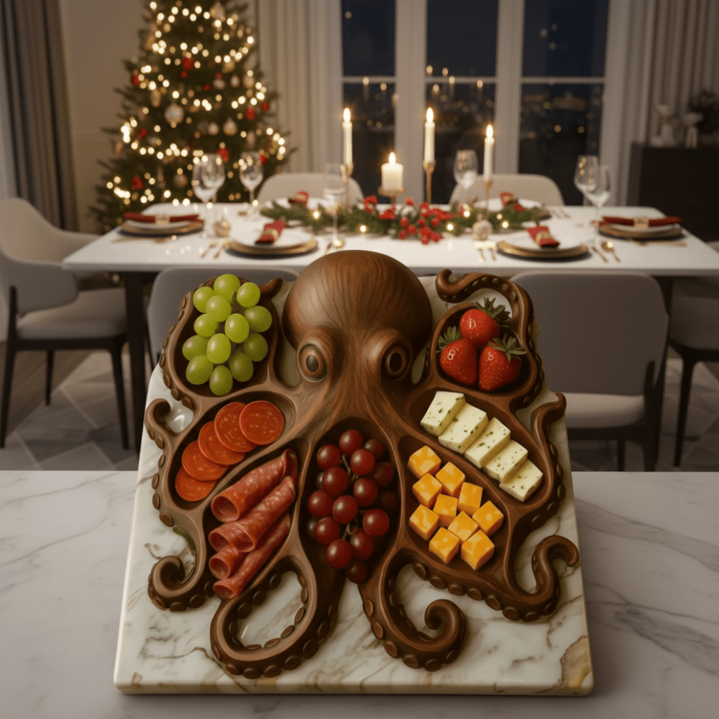 Octopus Geitenkaas en Fruit Plateau – Handgemaakt Houten Design