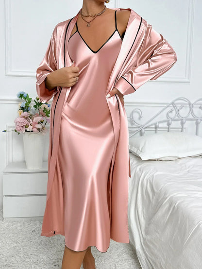 Dames 2-Delige Pyjama Set - Lange Mouwen Morgenjas met Slip Dress