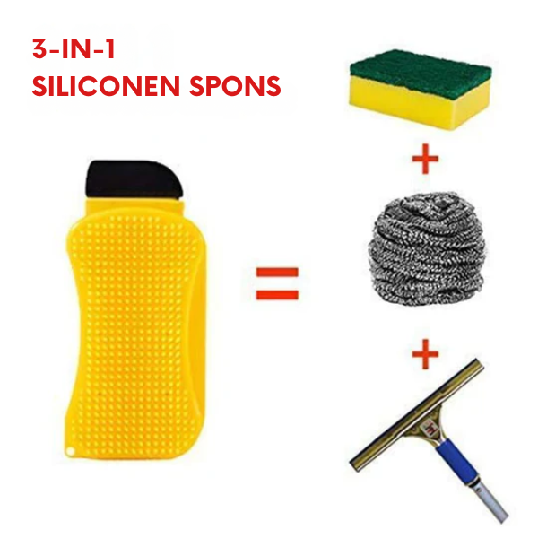 3-in-1 silicone schoonmaak spons – voor schrobben, schrapen en vegen – voor ramen en oppervlakken