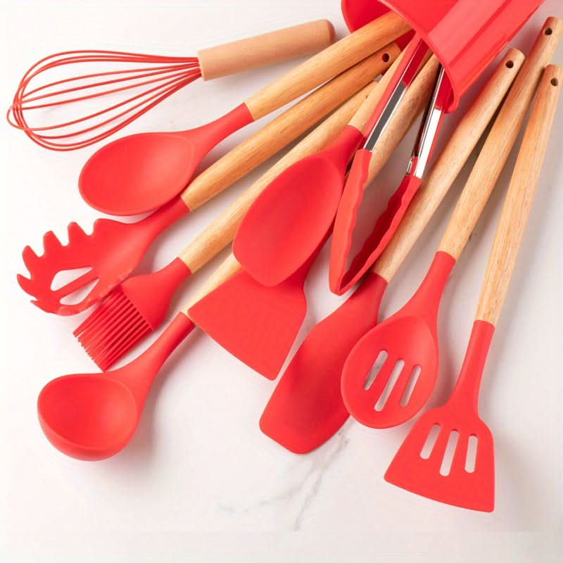 Keukengerei Set – Houten Handvatten – Siliconen Keukengerei – Voor Koken en Bakken