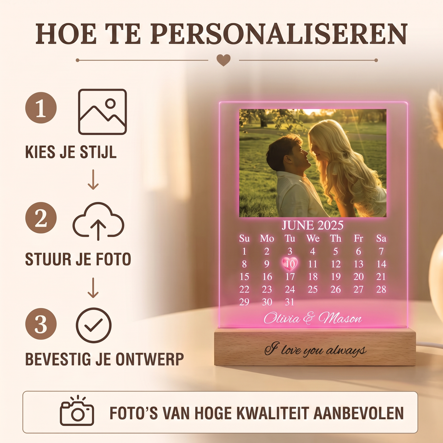 Fittershape Personalised Acrylic LED Night Light – met foto & kalender
